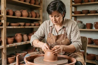 Femme artisane potière façonnant une poterie en argile dans un atelier artisanal rustique