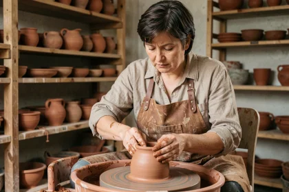Femme artisane potière façonnant une poterie en argile dans un atelier artisanal rustique