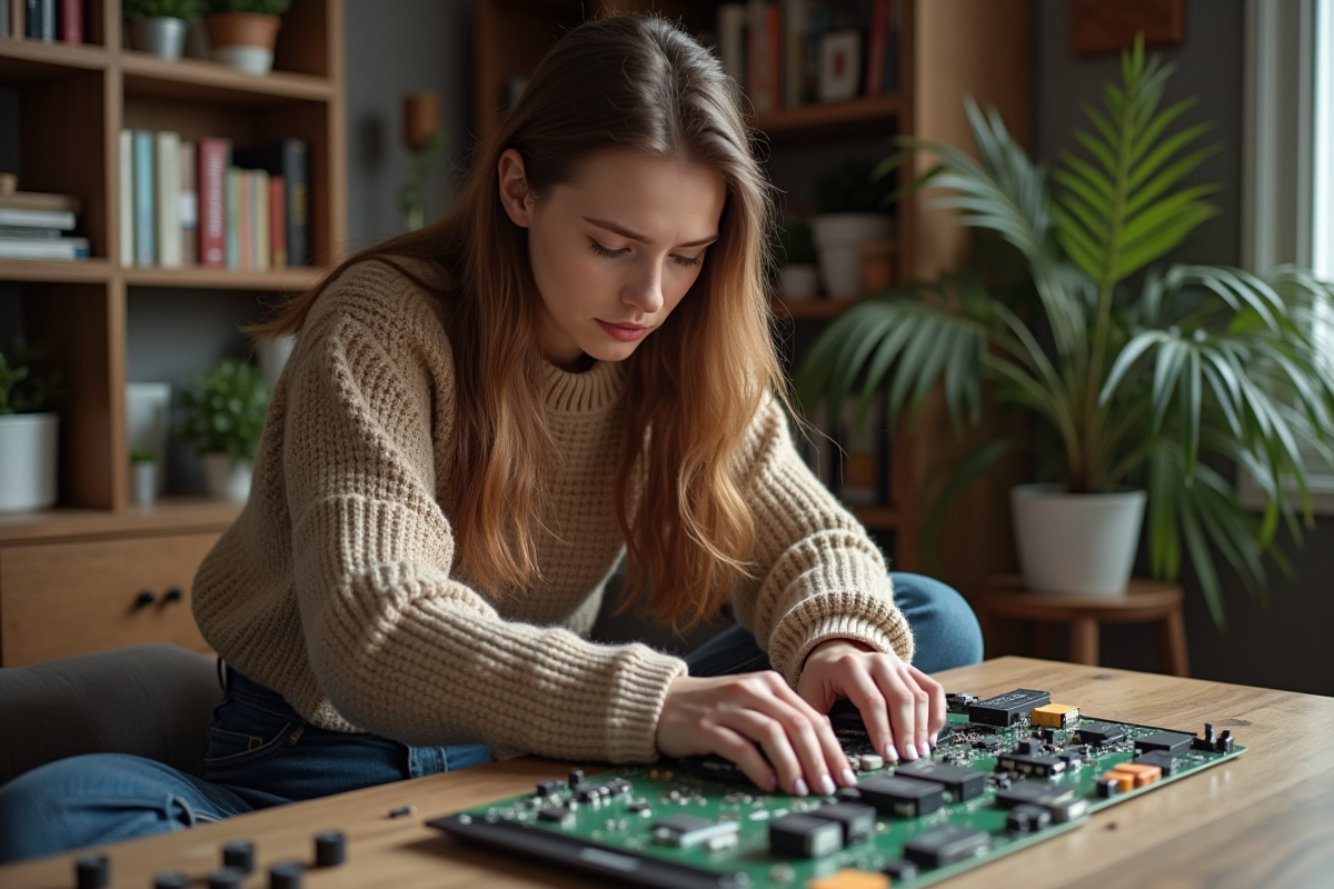 Jeune femme assemble circuit imprimé de télévision