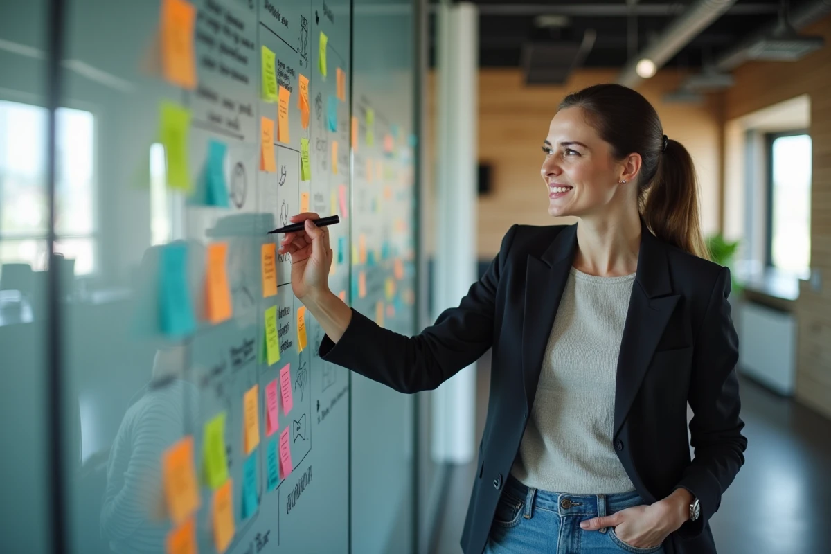 Femme en blazer écrivant sur un mur coloré en bureau moderne