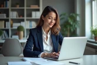 Femme en blazer navy et blouse blanche au bureau