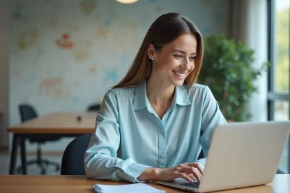 Femme d'affaires souriante dans un bureau lumineux