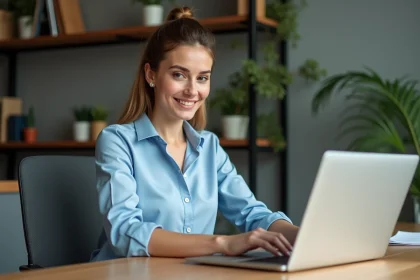Femme assise au bureau en train d'&eacute;crire un email professionnel