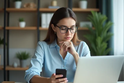 Jeune femme au bureau examine ses emails sur ordinateur