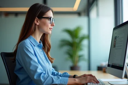 Femme au bureau mettant &agrave; jour ses donn&eacute;es personnelles