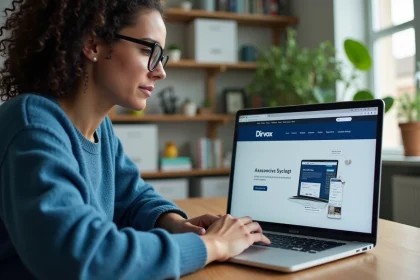 Femme concentr&eacute;e sur son ordinateur dans un bureau moderne
