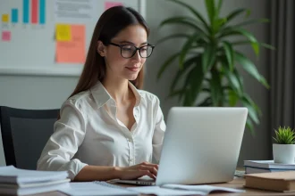 Femme au bureau regardant son ordinateur portable