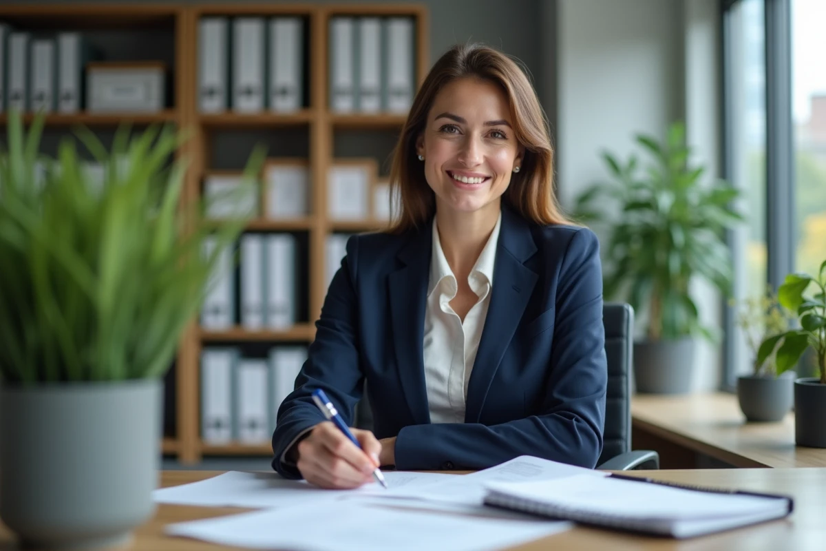 Femme professionnelle en bureau examinant des documents de paie