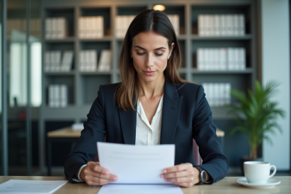 Femme d affaires en réunion avec document sur la politique de protection des données