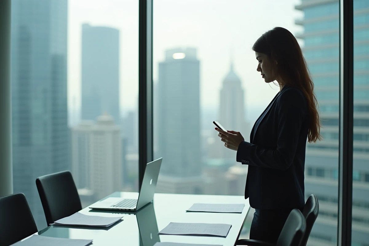 Jeune femme en tenue décontractée regardant son smartphone dans un bureau moderne