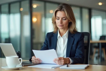 Femme cadre en blazer marine lisant une note de service dans un open space professionnel moderne