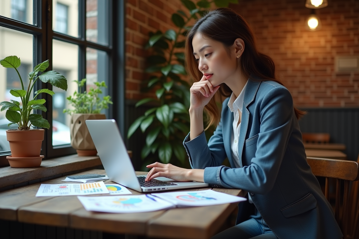 Jeune femme travaillant sur son ordinateur dans un café