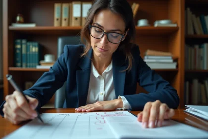 Femme professionnelle comptant les jours ouvrables sur un calendrier avec documents juridiques et dates cerclées en rouge sur un bureau en bois