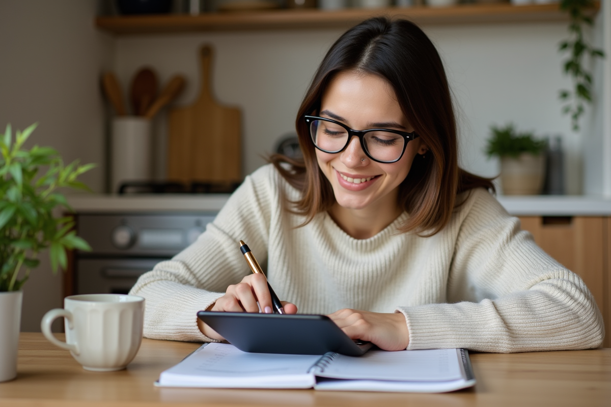 Jeune femme utilisant une calculatrice pour faire un budget
