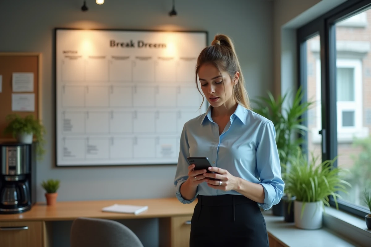 Femme d affaires regarde un calendrier dans la salle de pause