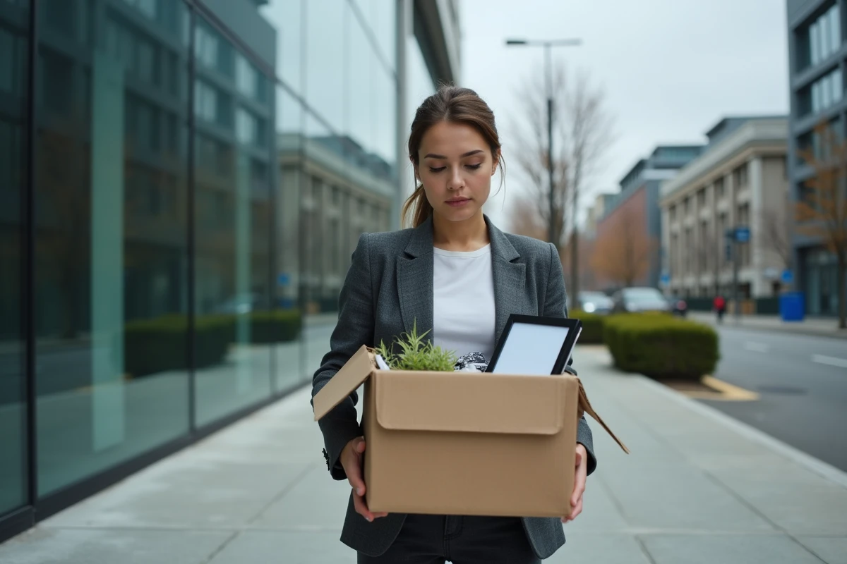 Femme tenant un carton de départ devant un immeuble de bureaux après un licenciement pour faute grave, expression résignée et posée