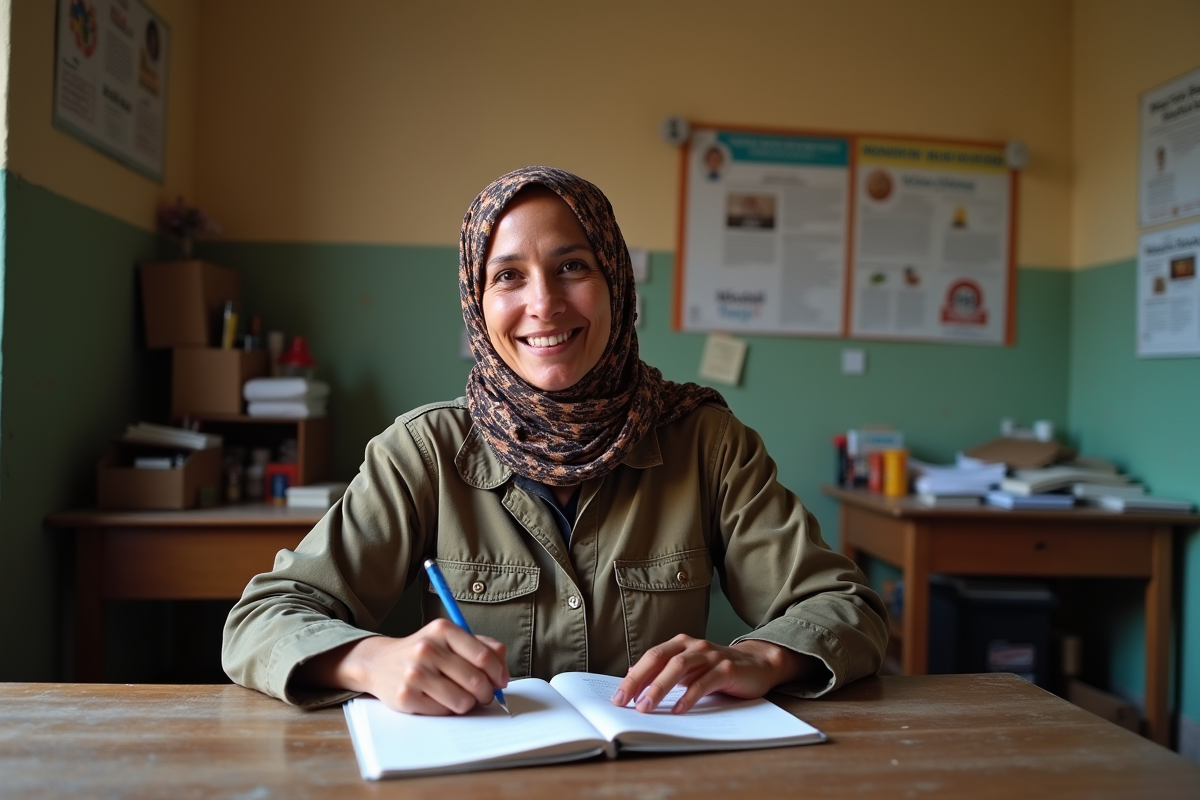 Femme locale écrivant dans un carnet dans un centre communautaire