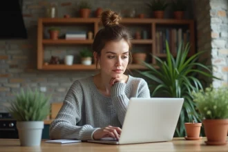 Femme concentrée utilisant son ordinateur dans une cuisine chaleureuse