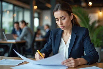 Femme en blazer navy examinant un contrat CDD dans un bureau moderne, mettant en évidence une clause juridique