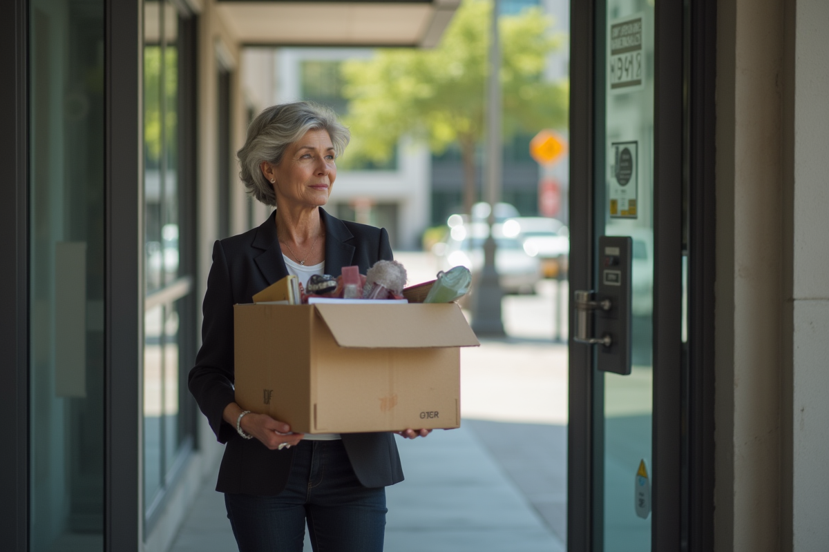 Femme quittant son bureau avec une boîte personnelle