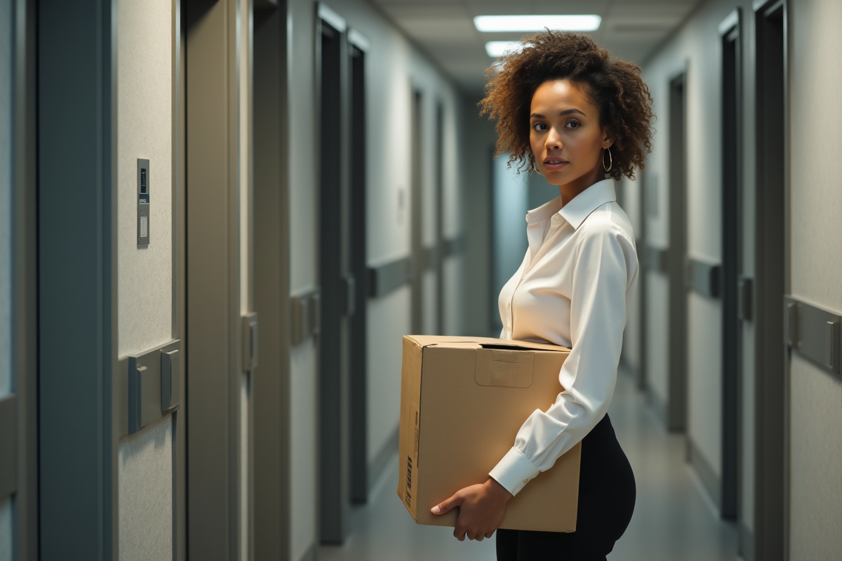 Jeune femme quittant son bureau avec carton de départ