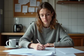 Femme consultant des documents administratifs liés à l'ASP à la maison, erreurs fréquentes des bénéficiaires