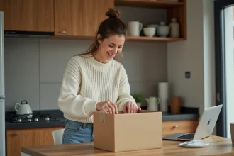 Femme emballant des petits colis dans une cuisine moderne