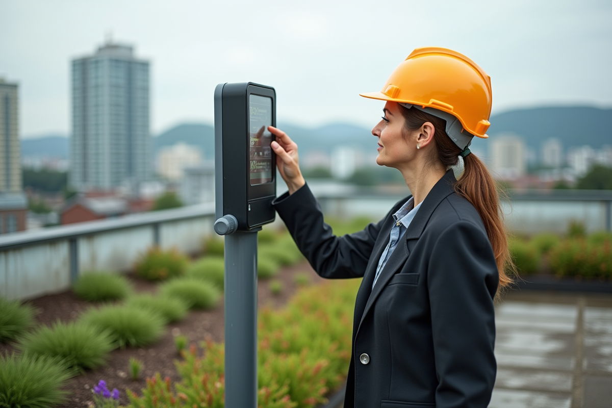 Ingénieure environnementale inspectant une station de monitoring urbaine
