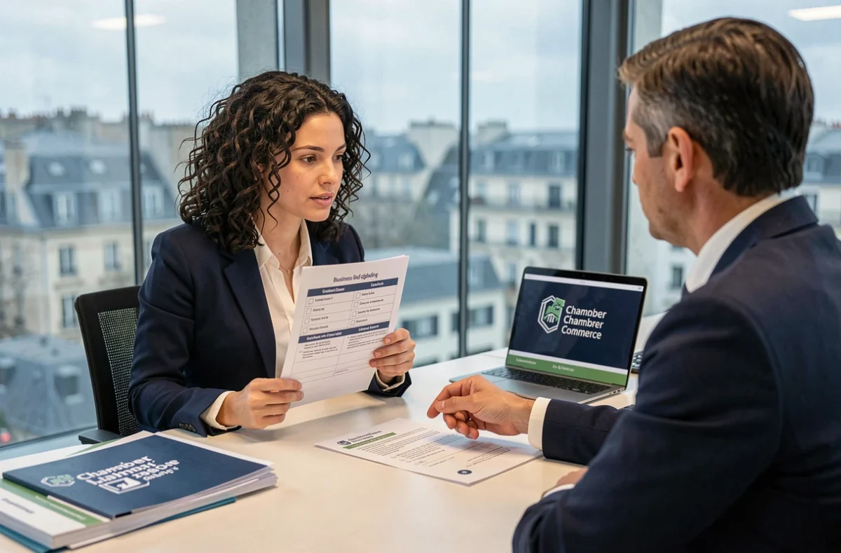 Femme entrepreneur en réunion avec un conseiller financier dans une chambre de commerce française, examinant les critères d'éligibilité aux aides régionales pour entrepreneurs