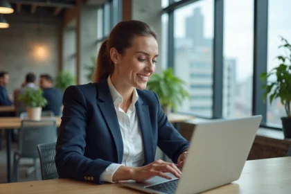 Femme entrepreneur concentrée sur son ordinateur portable dans un espace de co-working moderne, illustrant une plateforme d'accélération de projets professionnels