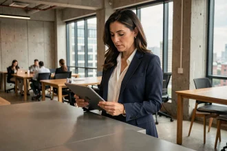 Femme entrepreneur lisant un magazine business sur tablette dans un espace de coworking moderne