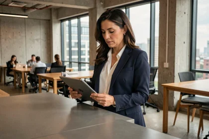 Femme entrepreneur lisant un magazine business sur tablette dans un espace de coworking moderne