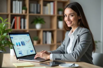 Femme entrepreneur utilisant des outils IA marketing sur ordinateur pour lancer un business en ligne