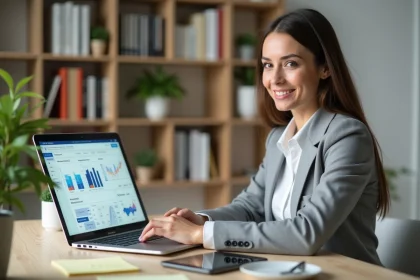 Femme entrepreneur utilisant des outils IA marketing sur ordinateur pour lancer un business en ligne