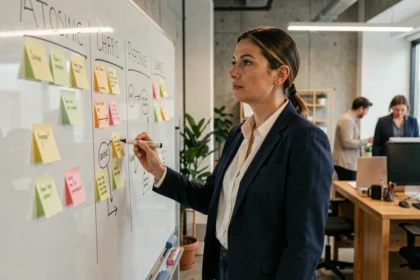Femme entrepreneur debout devant un tableau blanc structurant un business model en trois colonnes dans un bureau moderne