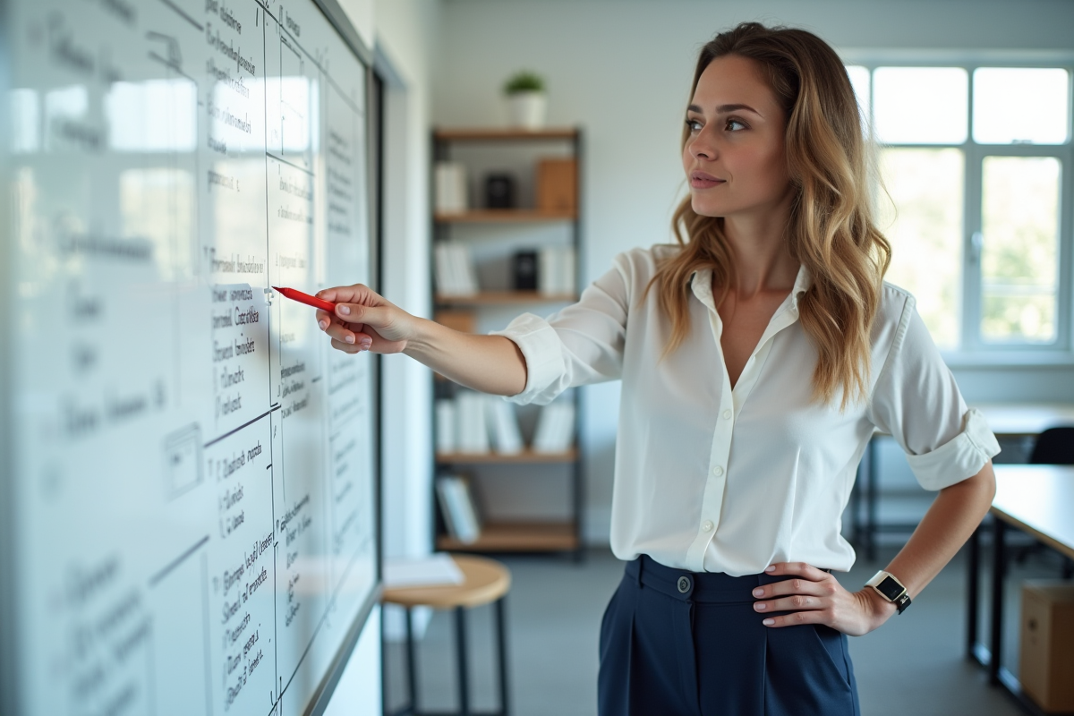 Jeune femme expliquant un diagramme dans un bureau lumineux