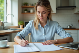 Femme lisant des factures dans une cuisine lumineuse