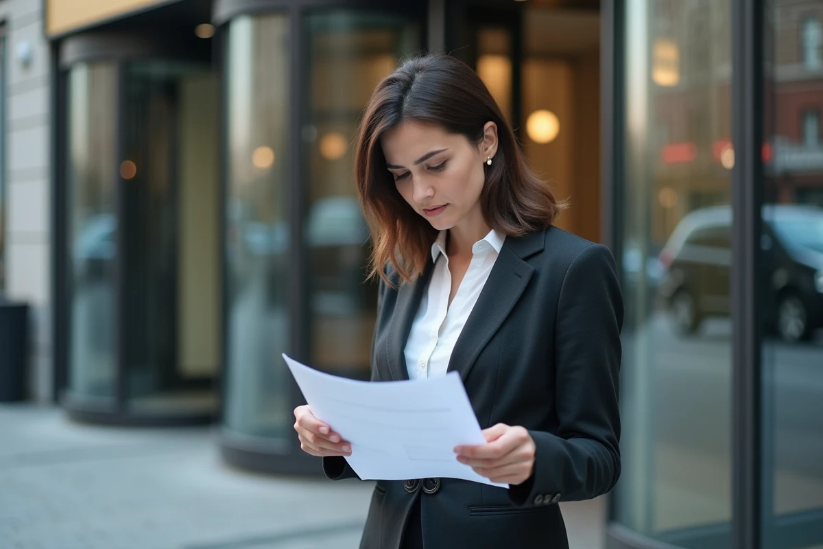 Femme tenant une lettre de licenciement devant l'entrée de son entreprise, illustrant la perte d'emploi sans indemnisation chômage