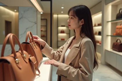 Jeune femme &eacute;l&eacute;gante dans une boutique de luxe regardant des sacs