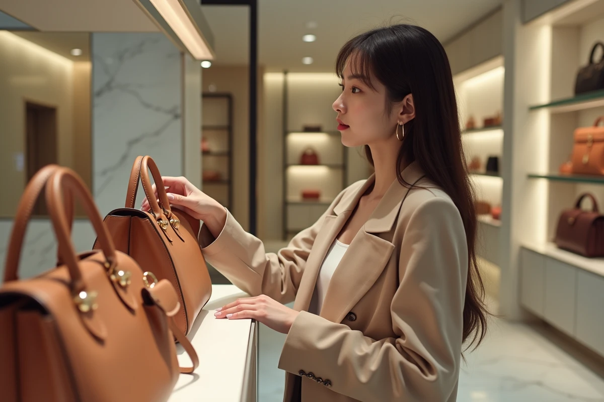 Jeune femme élégante dans une boutique de luxe regardant des sacs