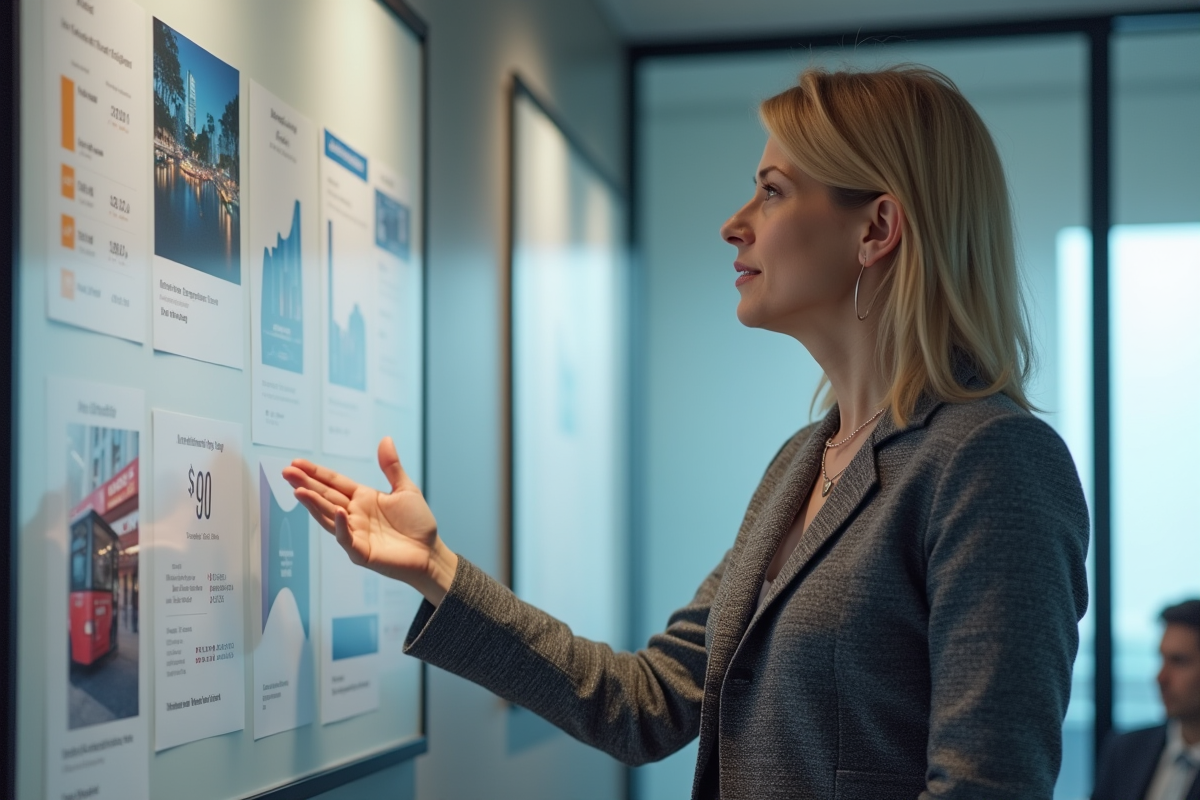 Femme marketing présente des données dans une salle moderne