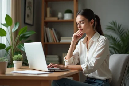 Jeune femme au bureau en ligne de confiance
