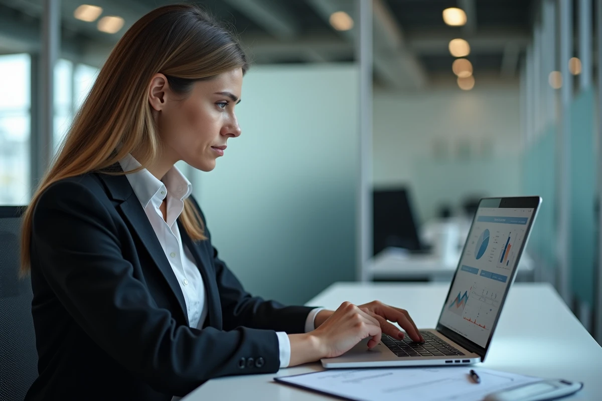 Femme professionnelle au bureau utilisant un tableau de bord