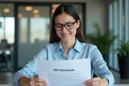 Femme d affaires lisant un document sur les normes ISO