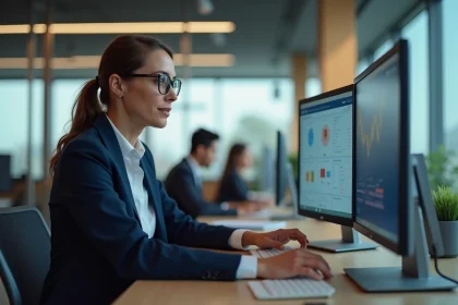 Femme professionnelle analysant un logiciel de gestion en ligne adapté à son type d'activité commerciale