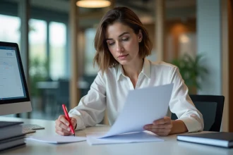 Femme française en bureau examinant un planning imprimé