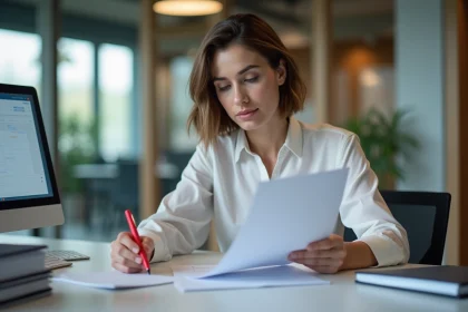 Femme française en bureau examinant un planning imprimé