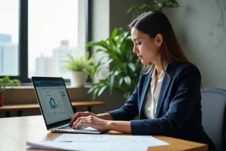 Femme professionnelle analysant une plateforme business en ligne sur un ordinateur portable dans un espace de coworking moderne