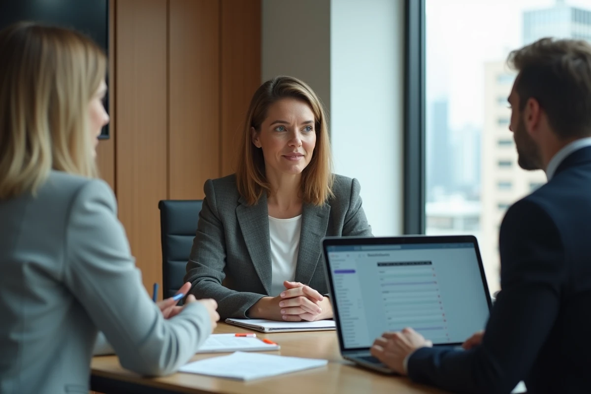 Femme en réunion discutant avec collègue et carnet