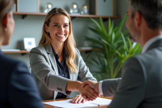 Femme confiante serrant main avec client dans un bureau moderne